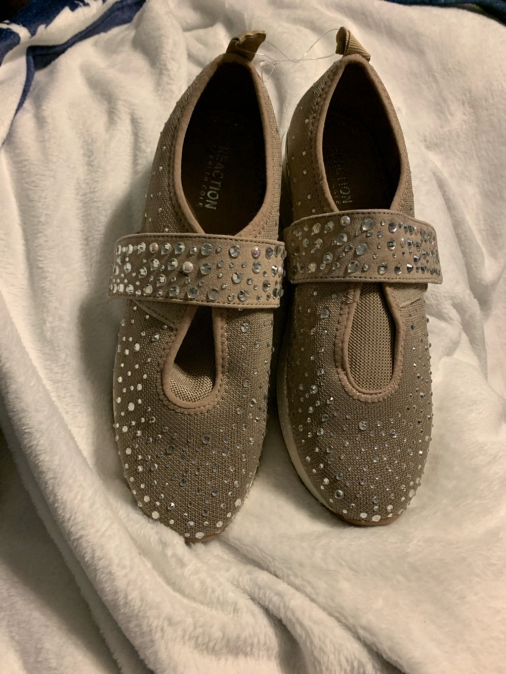 Women's Taupe Rhinestone Slip-On Sneakers with Strap